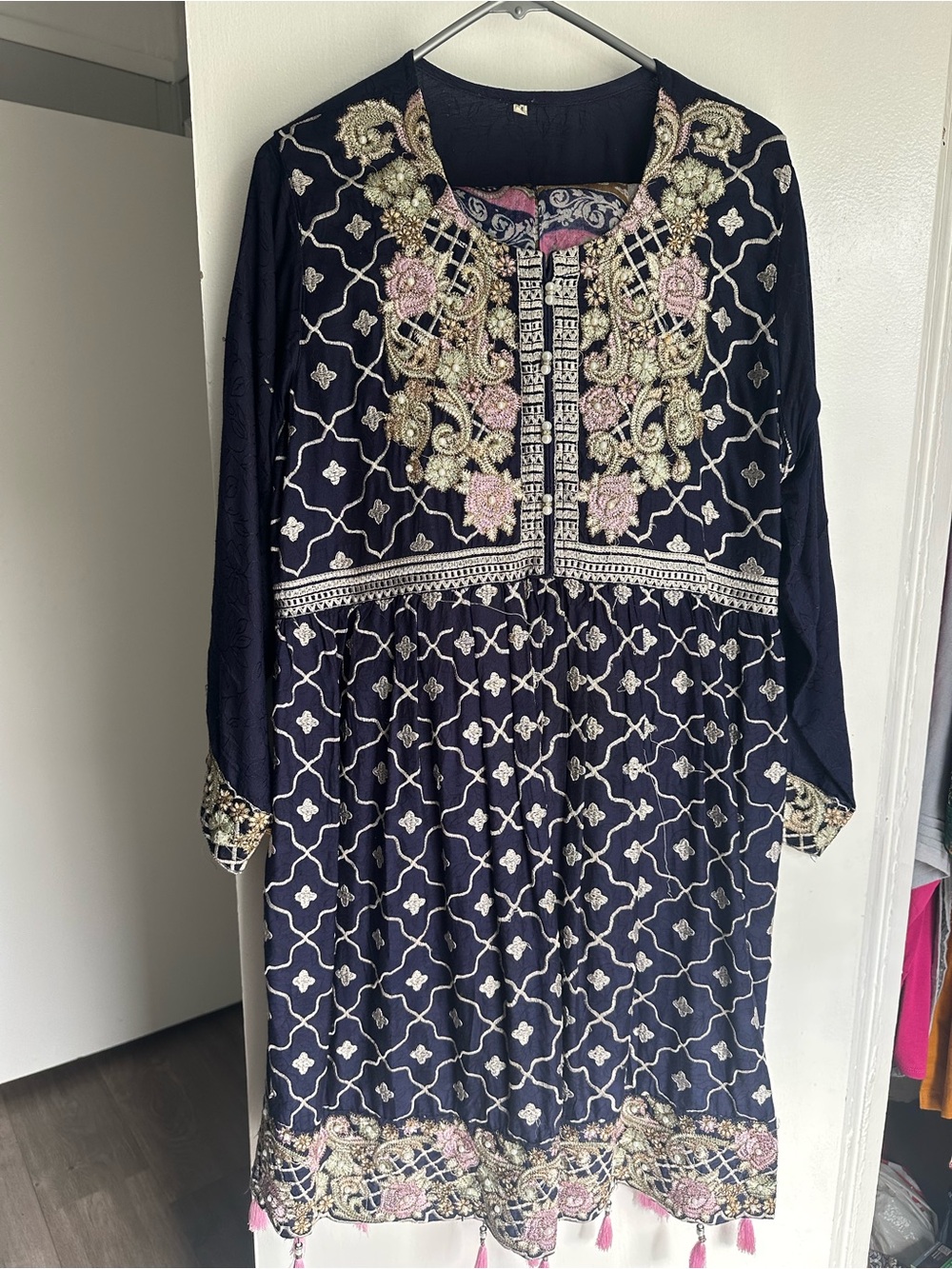 Embroidered Navy Blue Women’s Kurta with gray ghagra